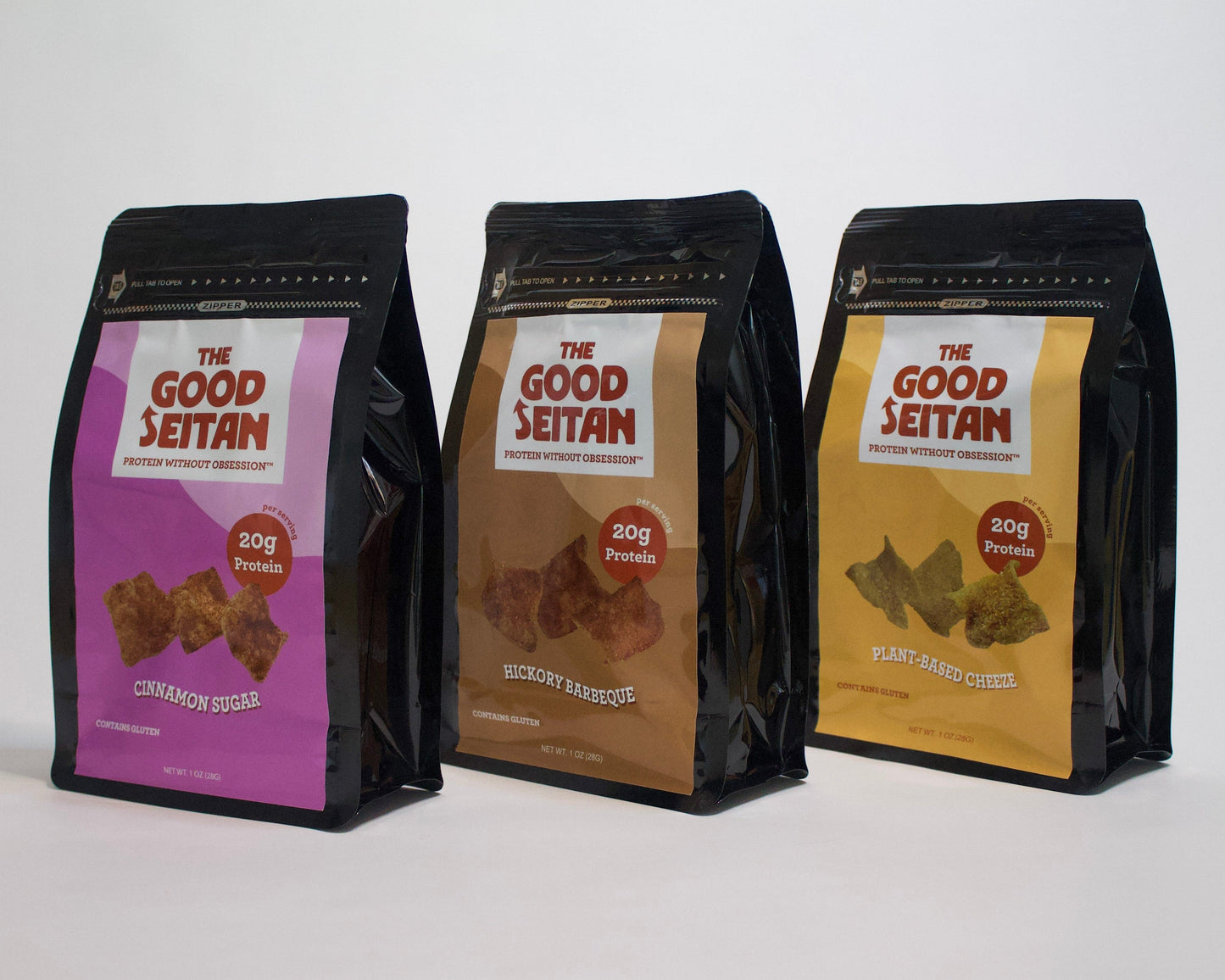 Three packages of 'The Good Seitan' protein chips on a white background